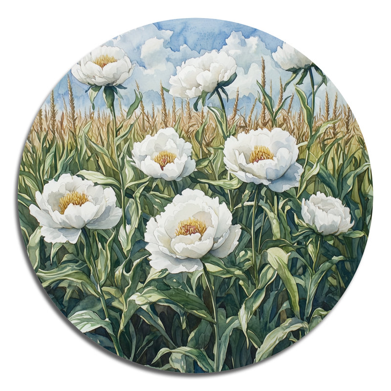 Pivoines d'été dans le champ de maïs II - impression de pivoines sur un cercle en métal, H 36 po x l 36 po