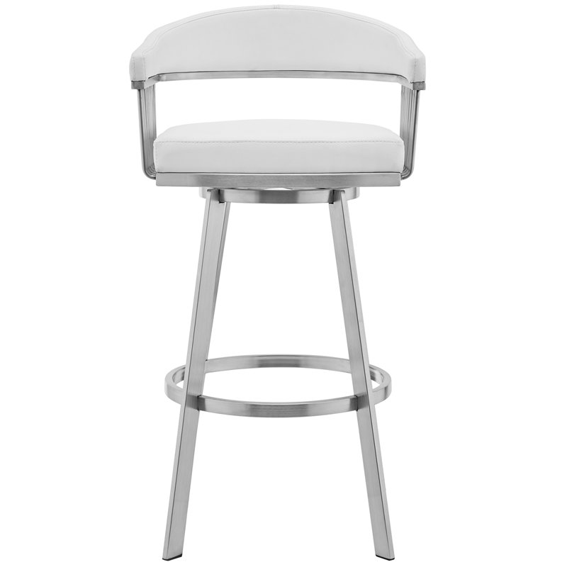 Tabouret pivotant en similicuir Robinett avec base et accoudoirs en métal, Blanc, Acier inoxydable brossé