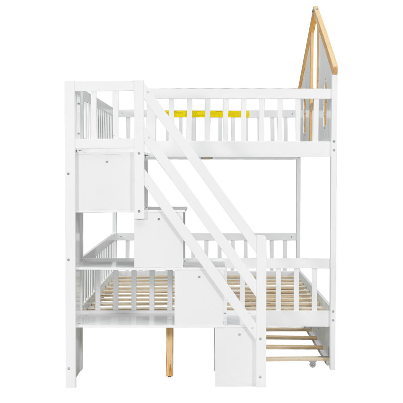 Full Size Wooden House Roof Bunk Bed with Window Door and Roof,Storage Staircase and Trundle,White+Natural, Full