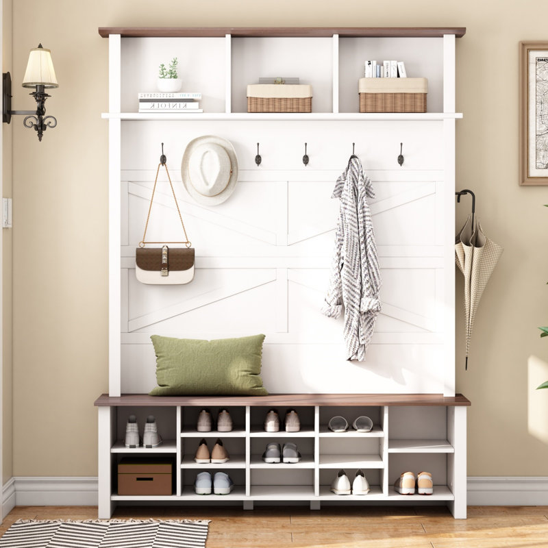 White Farmhouse 4-In-1 Hall Tree With 6 Hooks