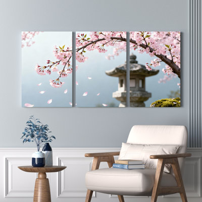 Ensemble de 3 tableaux sur toile représentant un jardin de cerisiers en fleurs, pour la décoration du salon, de la chambre et de la maison.