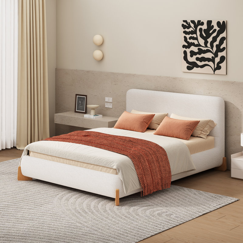 Structure de lit plateforme tapissier, Double, Blanc / Naturel