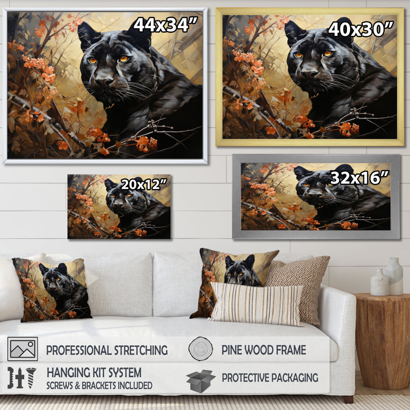 «Bethanni Black Panther Collage of Nature», reproduction sur toile, H 34 po x l 44 po x P 1,5 po, Cadre doré simple