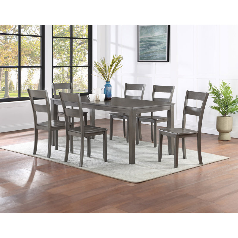 Transitional 7Pc Dining Set Rectangular Table Wood Base Ladder Back Chairs Grey Finish Wooden Dining Room Furniture