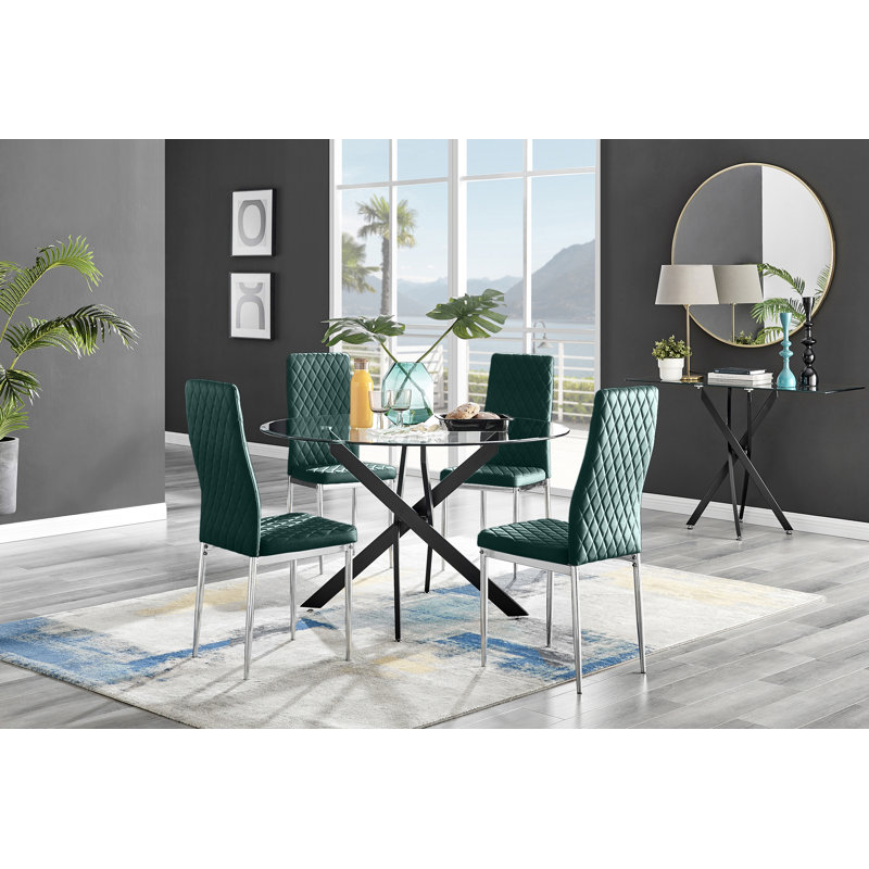 Bernell Modern Chrome Metal & Glass Round Dining Table Set with 4 Quilted Velvet Chairs, Black, 75 x 120 x 120cm, Green/Black