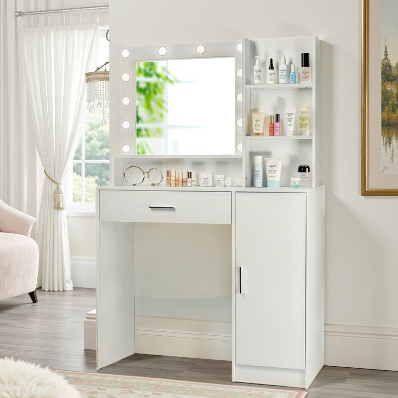 Meuble-lavabo de maquillage avec lumières DEL réglables, grand rangement et assemblage facile, blanc