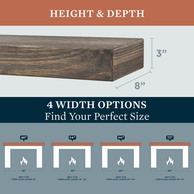 Modern Ember Vara Wood Mantel Shelf - 3 Inch Height - Variations in Grain and Natural Distressing, Driftwood, 66"