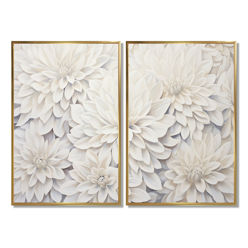«White Dahlia Charm Collage», art mural blanc, 36" H x 48" W, Reproduction encadrée sans passe-partout, Gold