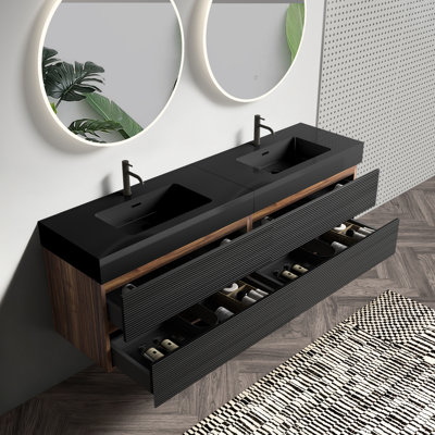 Meuble-lavabo moderne avec deux lavabos doubles de 72 pouces, tiroirs noirs doux, panneau de grille, épissage de couleur noyer, panneaux de qualité E1, laque à base d'eau E0, comptoir, lavabo en granit intégré, trop-plein