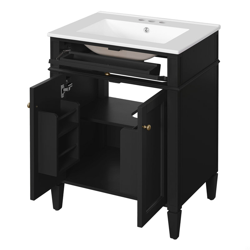 Meuble-lavabo avec 2 portes et tiroir coulissant Defelice, armoire de rangement de salle de bain avec lavabo, portes à fermeture en douceur avec organisateurs