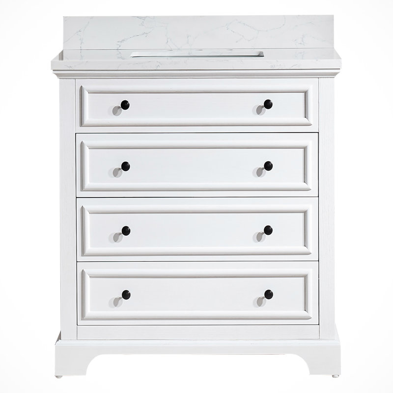 Meuble-lavabo simple 36 po avec plateau en marbre d'ingénierie, cadre en bois massif, entièrement assemblé, blanc