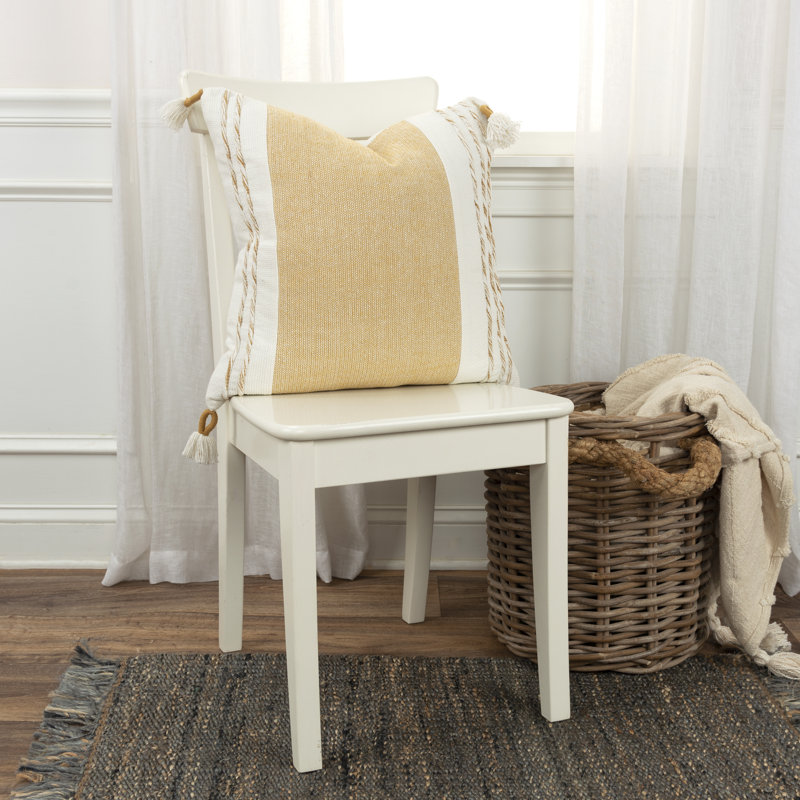 Tassels Cotton Throw Pillow, Yellow/White