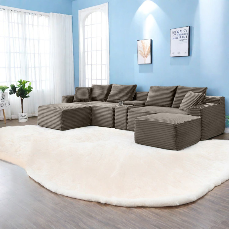 Modern Corduroy Sectionals Sofa With Usb And Storage, Brown U-shape For Living Room