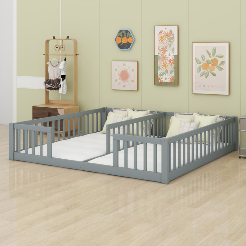 Double Floor Bed With Fence, Guardrails, Grey