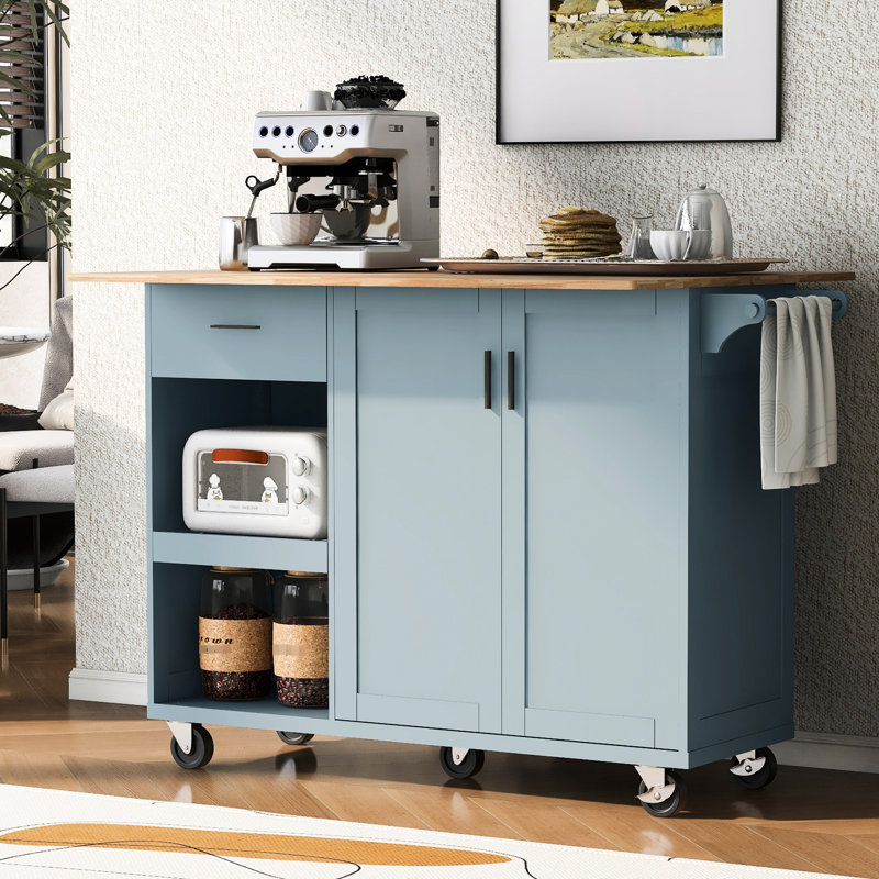 Grey Blue Kitchen Island With Folding Top. 108.25 Lbs Package Weight. Ample Storage Space. Material Foldable Countertop 47.24"X33.15" Counter And Shelf,
