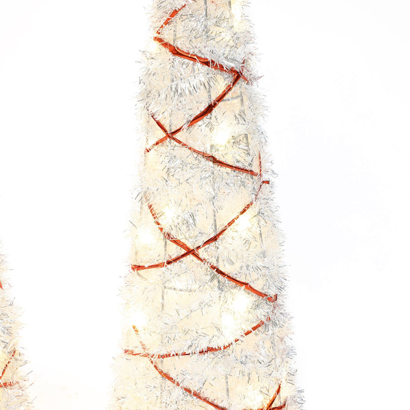 Sapins de Noël en cône argentés pré-illuminés (3 pièces) avec ruban rouge pour la décoration de Noël