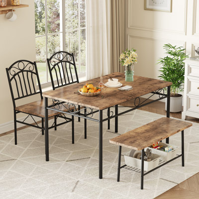 Dining Table Set for 4-6, 4-Piece Kitchen Table with Bench and Chairs, Small Kitchen Table Set with Metal Frame & Storage Rack, Modern Dinette Table Set for Dining Room, Apartment