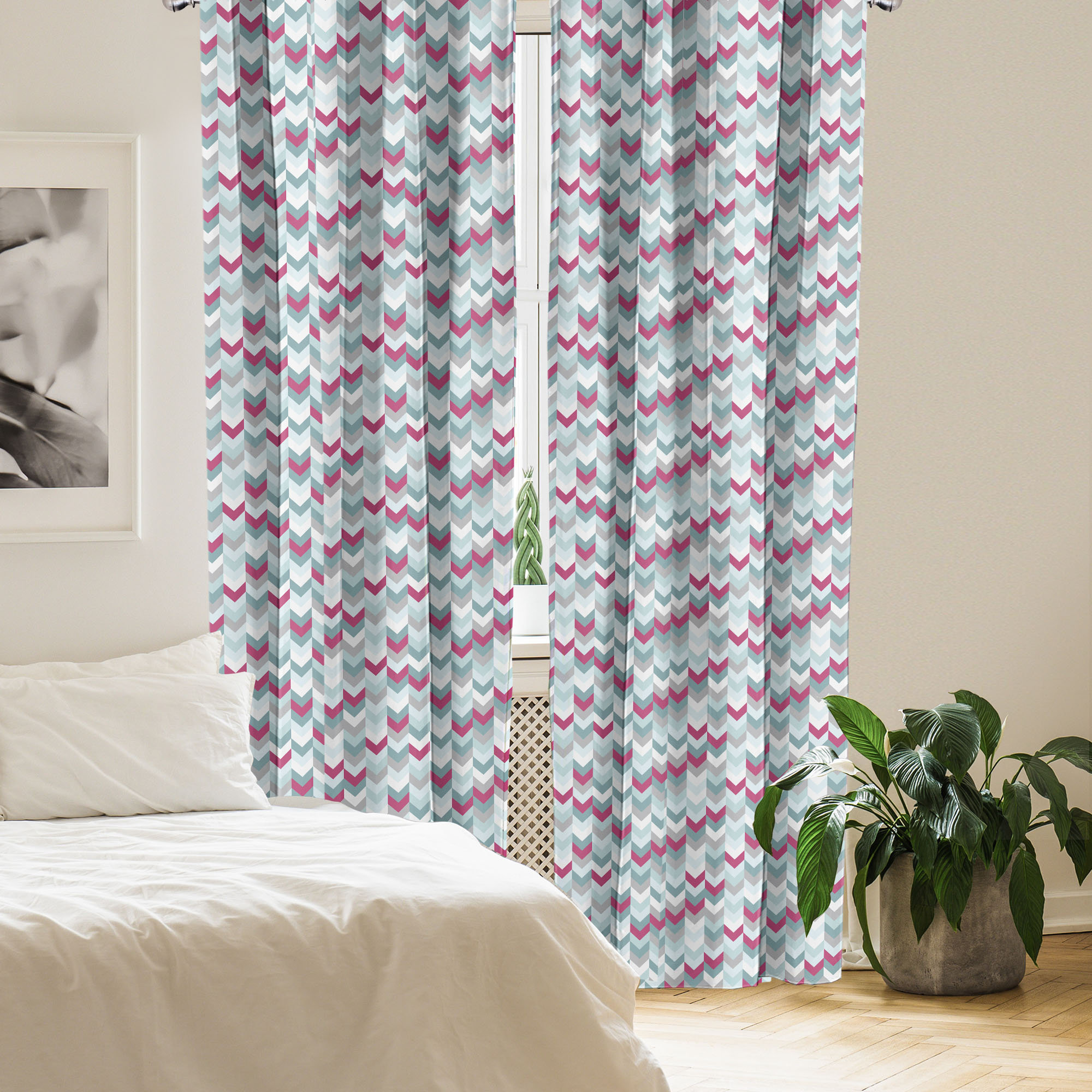 East Urban Home Chevron 4-Panel Curtains, Symmetric Stripes Arrow, Turquoise Pale Grey (Set of 4) East Urban Home Size per Panel: 56\, image size:2000x2000