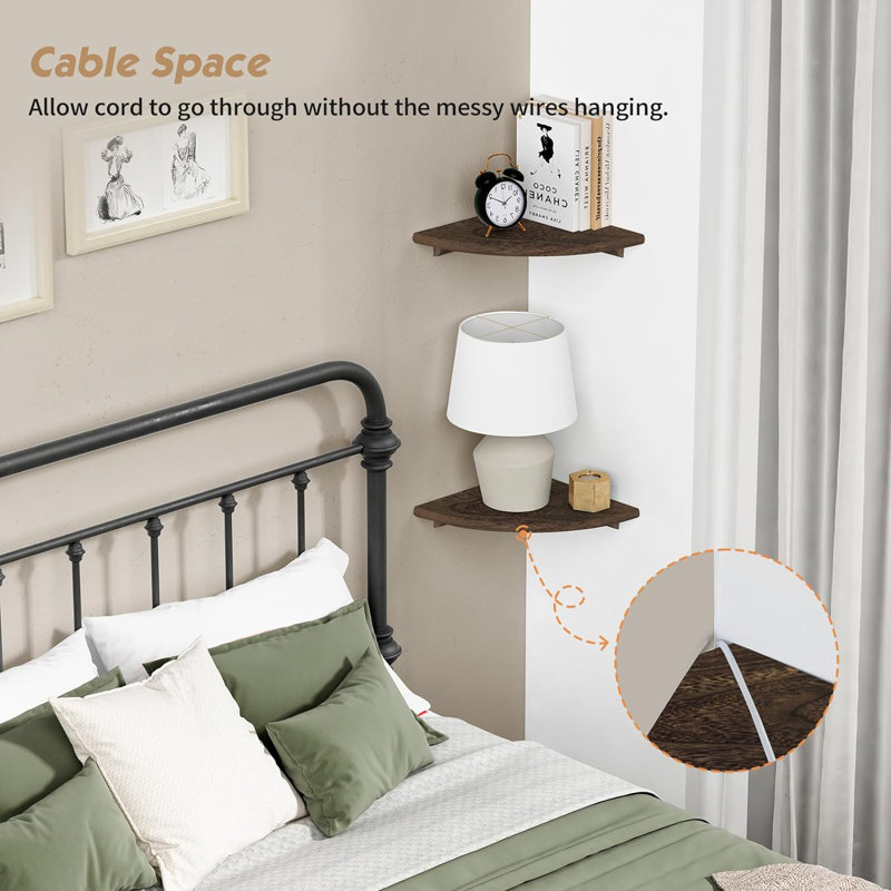 Floating Corner Shelves For Wall Set Of 4, Small Corner Bookshelf For Bedroom Books, Round Wooden Corner Shelf Wall Mount  (Dark Brown)