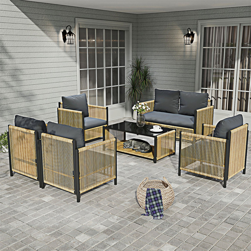 6 Pieces PE Wicker Sofa Set with Cushion