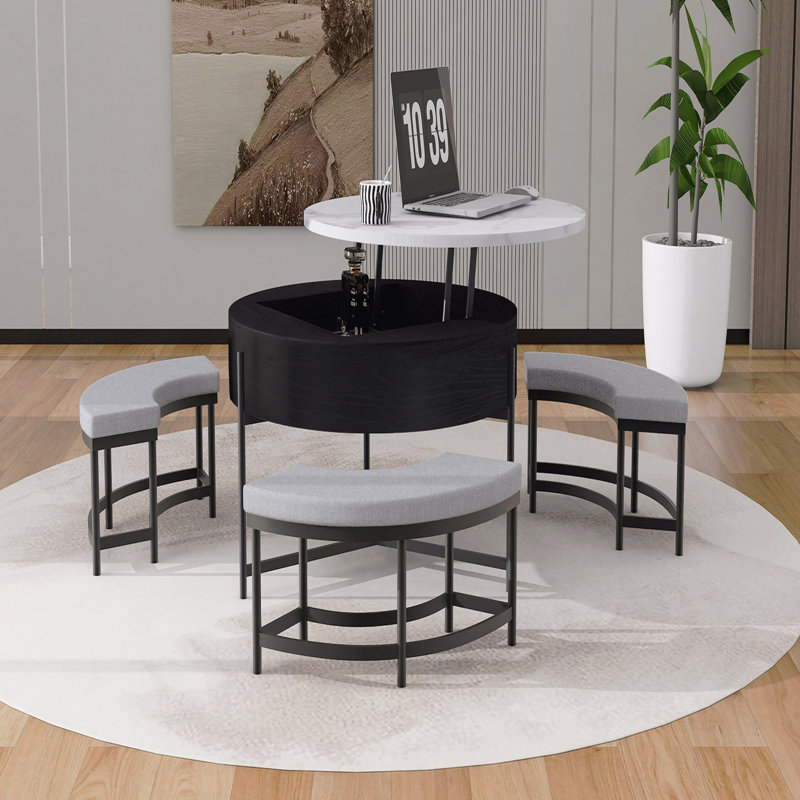 Table basse ronde moderne avec rangement et 3 repose-pieds blancs et noirs