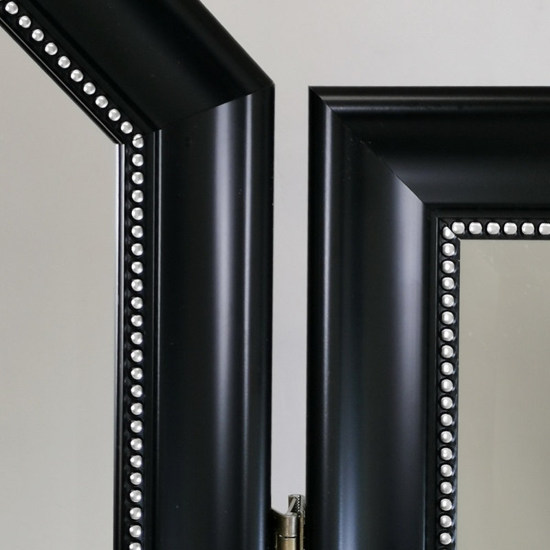 Modern Black Three-Panel Dressing Mirror With Silver Trim Accent 56Wx72"H