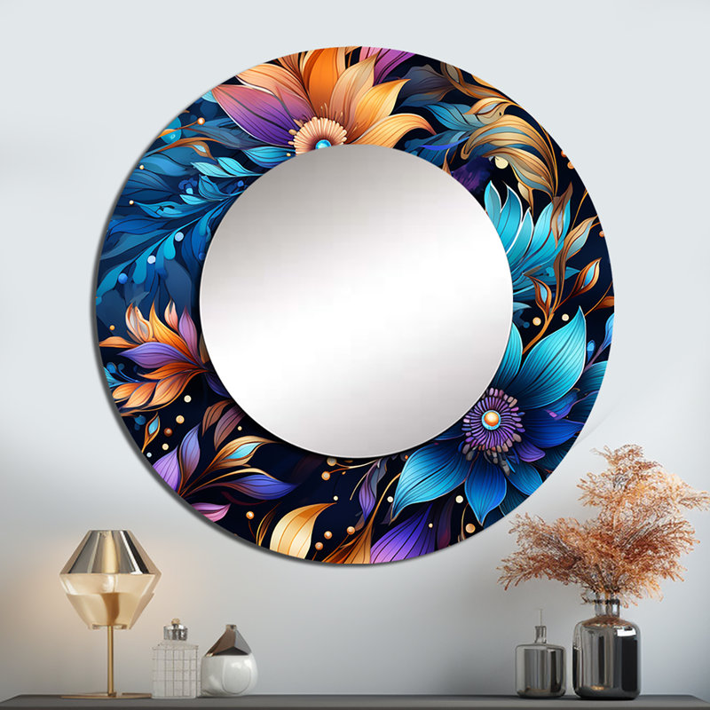 Mystical Boho Boho - miroir mural décoratif à motif cachemire bleu, 29 po x 29 po, Rond