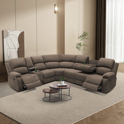 Living Room Furniture Sets,Corduroy Stripe Fabric Reclining Sectional Sofa Set With 2 Manual Recliners, 6-Seat L-Shaped Corner Couch With Hidden Table/Storage Console/Cup Holders, Perfect For Living Room/Home Theater