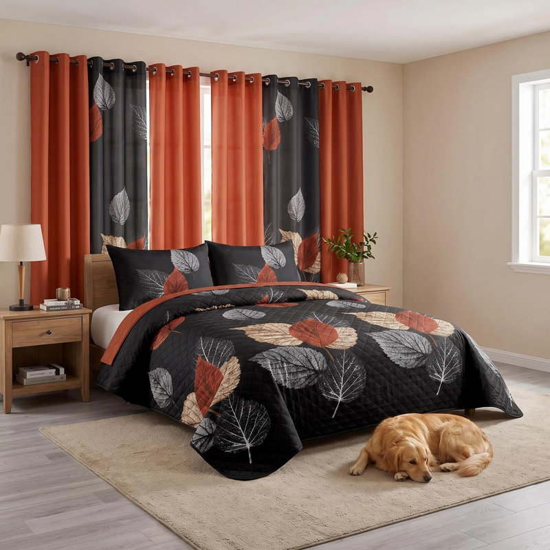 Ensemble de literie 9 pièces à feuilles noires et terre cuite avec rideaux filtrant la lumière, couvre-lit matelassé en microfibre, 2 taies décoratives et 6 panneaux de fenêtre