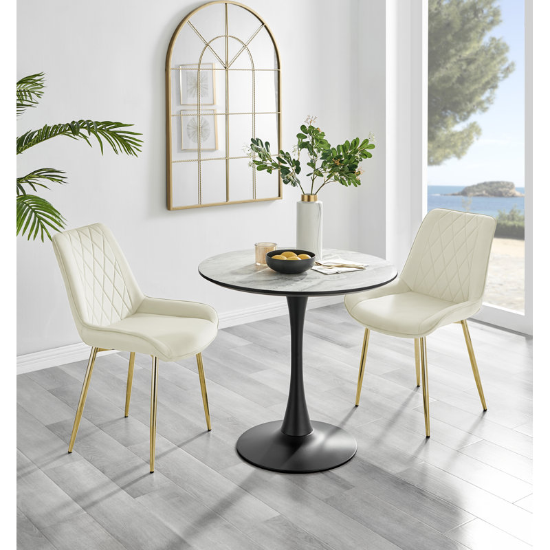 Ellis White Marble Effect Melamine Round Dining Table Set with 2 Luxury Velvet Dining Chairs, Cream/Gold