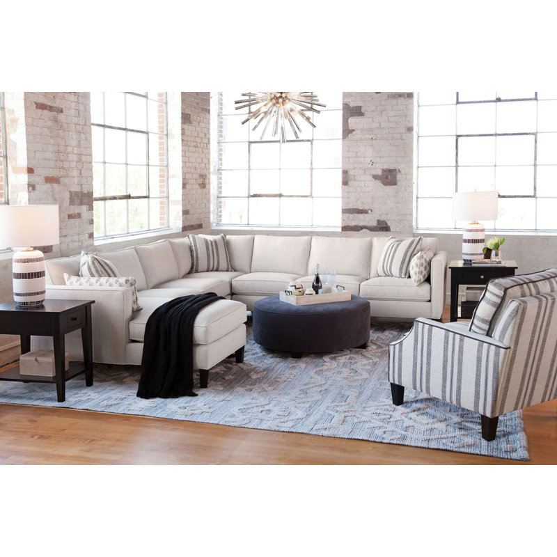 Tilly Round Ottoman, Sunbrella Blue Pinstripe; 6205-64, Java