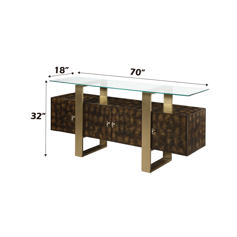 Console de rangement avec plateau en verre trempé et 4 tiroirs en laiton et laiton antique