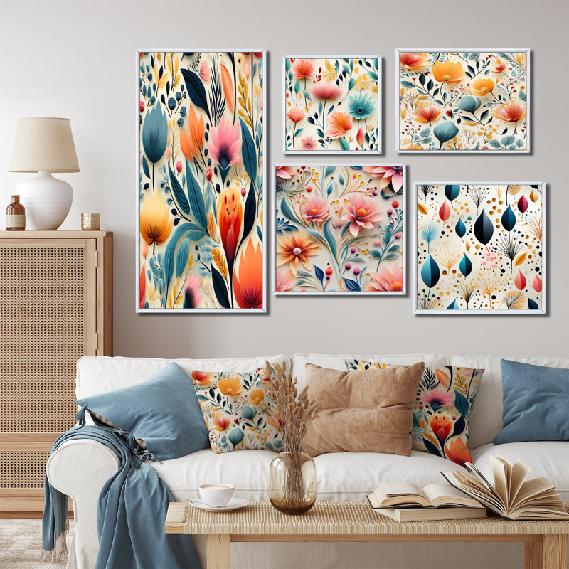 Ensemble de 5 reproductions sur toile botaniques d'Yvette, Cadre flottant blanc