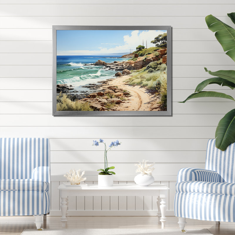 «Biddeford Rocky Beach Coastal Pathway», reproduction sur toile, H 34 po x l 44 po x P 1,5 po, Cadre simple argenté