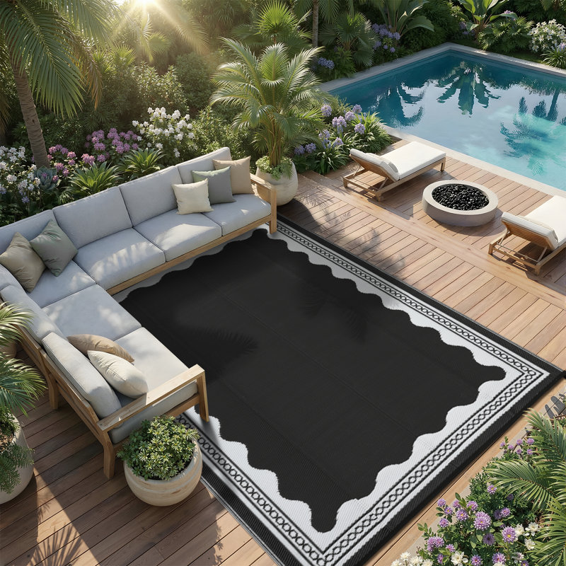 Bordered Reversible, Easy to Clean, Waterproof, UV Resistant Outdoor Rug Washable Lightweight Plastic Straw Mat for Patio Backyard Camping Beach