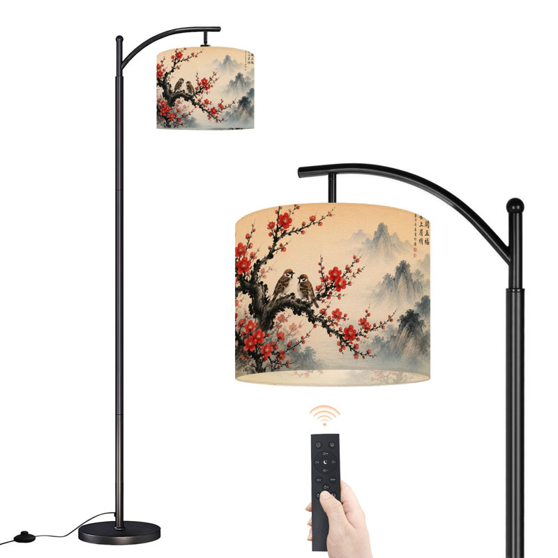  Arc Floor Lamp Sparrows Red Plum Blossoms Misty Mountain Backdrop Traditional Asian Tall Modern Standing Lamp LED Adjustable Linen Lampshade 3 Colour Temperatures