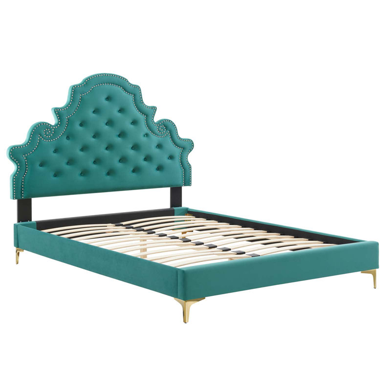Gwyneth Tufted Performance Velvet Platform Bed, Teal, Full/Double