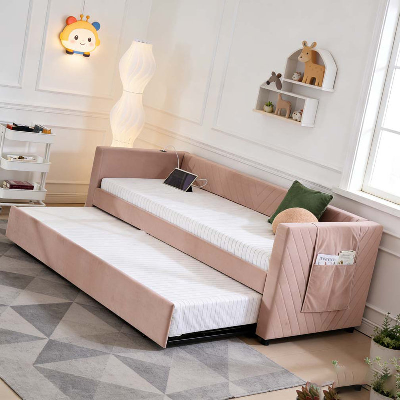 modern velvet daybed, sturdy wooden bed frame, Pink