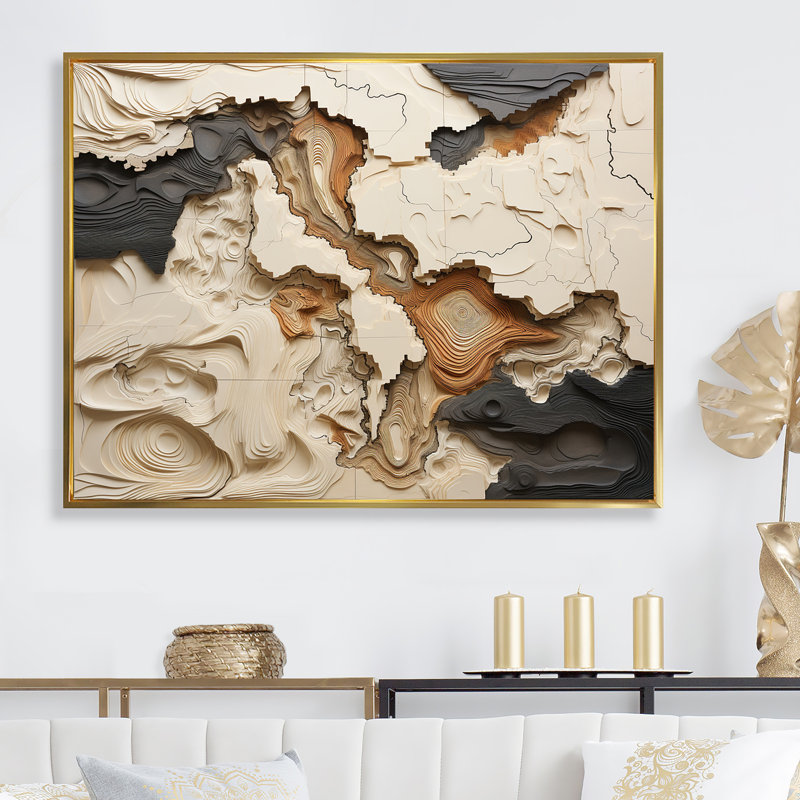 Collage de rivière africain beige et brun - formes abstraites, impression sur toile - sans texture, H 16 po x l 32 po, Doré