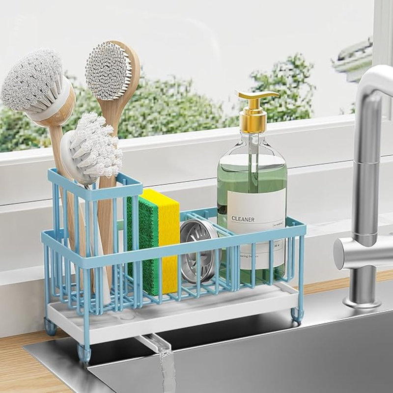 Porte-éponge pour évier de cuisine, organisateur de panier d'évier avec porte-brosse haute, comptoir de cuisine en acier inoxydable 304 antirouille, distributeur de savon et accessoires de rangement pour la cuisine