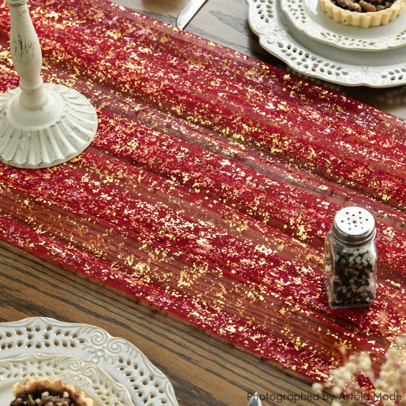 Chemin de table en gaze rouge et or, 305 cm (120 pouces), ensemble de 10 pouces, avec paillettes métalliques transparentes, idéal pour décorer une table lors d'un repas, d'un mariage, d'un anniversaire ou d'une fête à la maison.