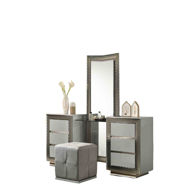 Meuble-lavabo de style avec tabouret, finition grise, moulure argentée à base de socle, tablette en verre, tête de lit et miroir à DEL, bois d'hévéa massif, décorations de meuble de chambre à coucher 1 pièce, plateau, bois d'ingénierie, utilisation