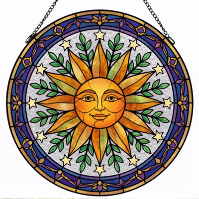 Sun Face Stained Glass Window Panel，7.8H