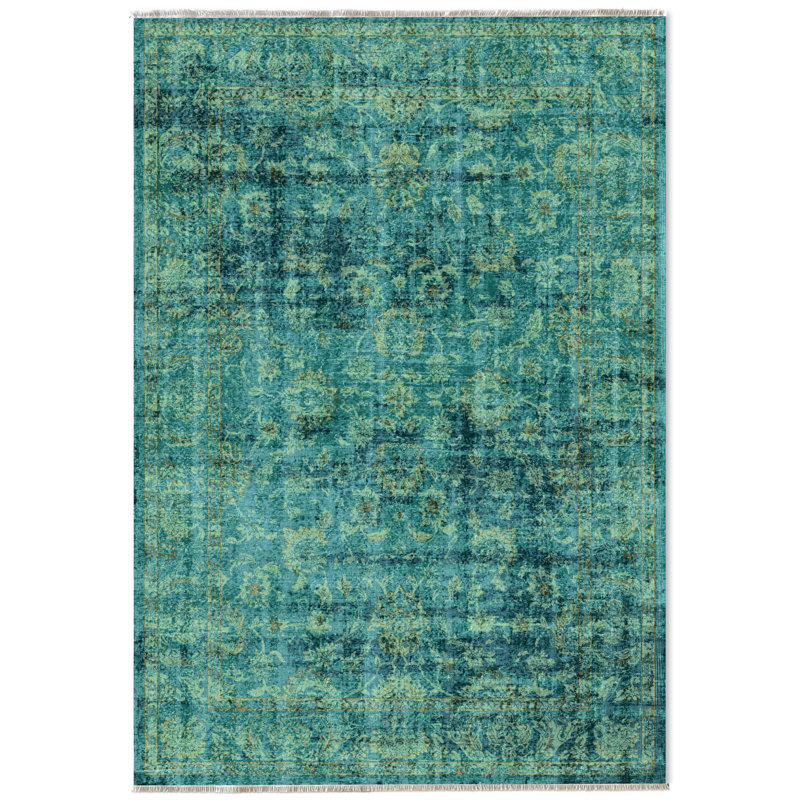 Pastel Lacasa Teal Oriental Vintage Look Cotton Chenille Area Rug, Rectangle 5'3" x 8'3"
