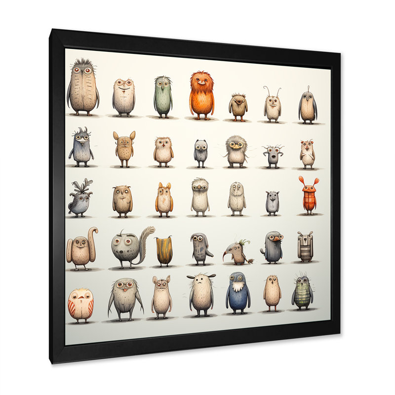 «Gray Childrens Monsters Nursery Motif I», reproduction d'art murale animaux, Cadre simple noir, H 36 po x l 36 po x P 1,5 po