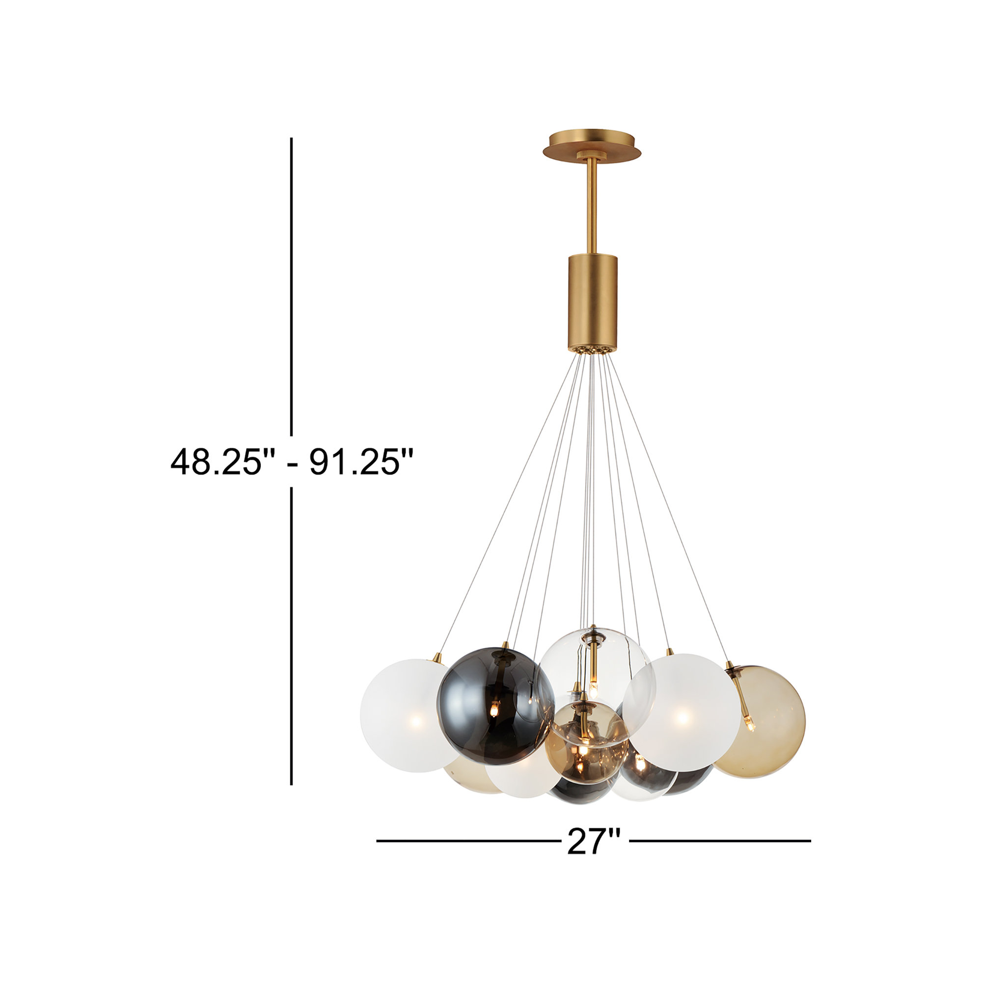 Alikee 12 Light Glass Steel Dimmable Pendant, Gold, White/Smoke/Amber