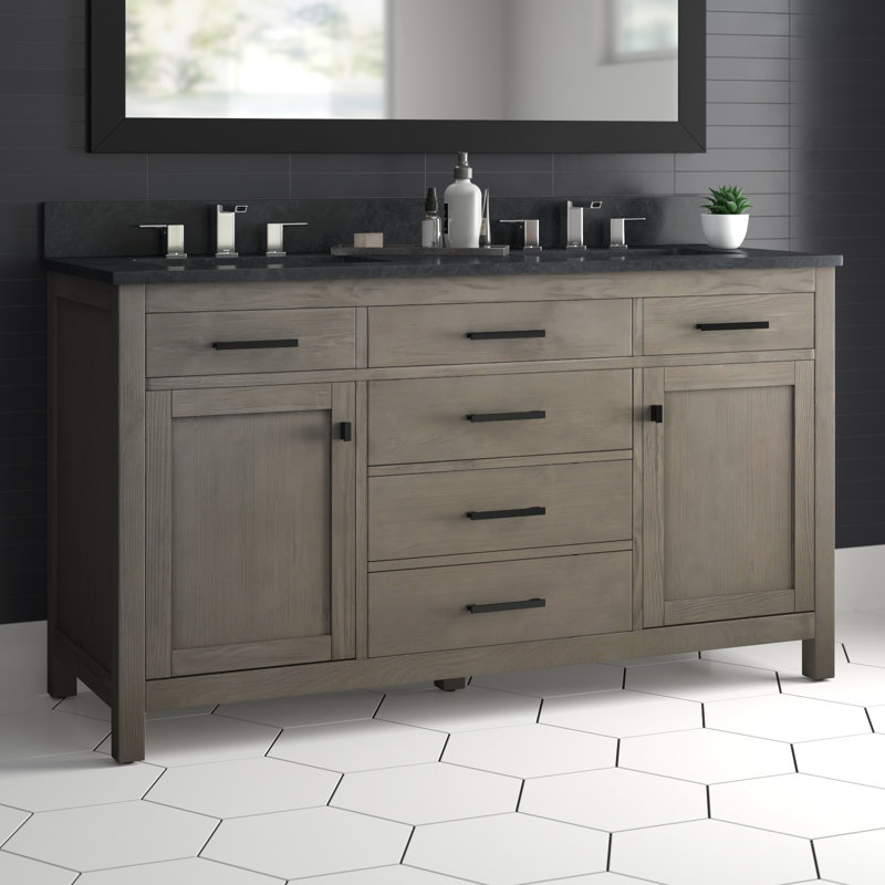 Ajiya 60" Double Bathroom Vanity, Textured Gray/Matte Black, Blue Limestone