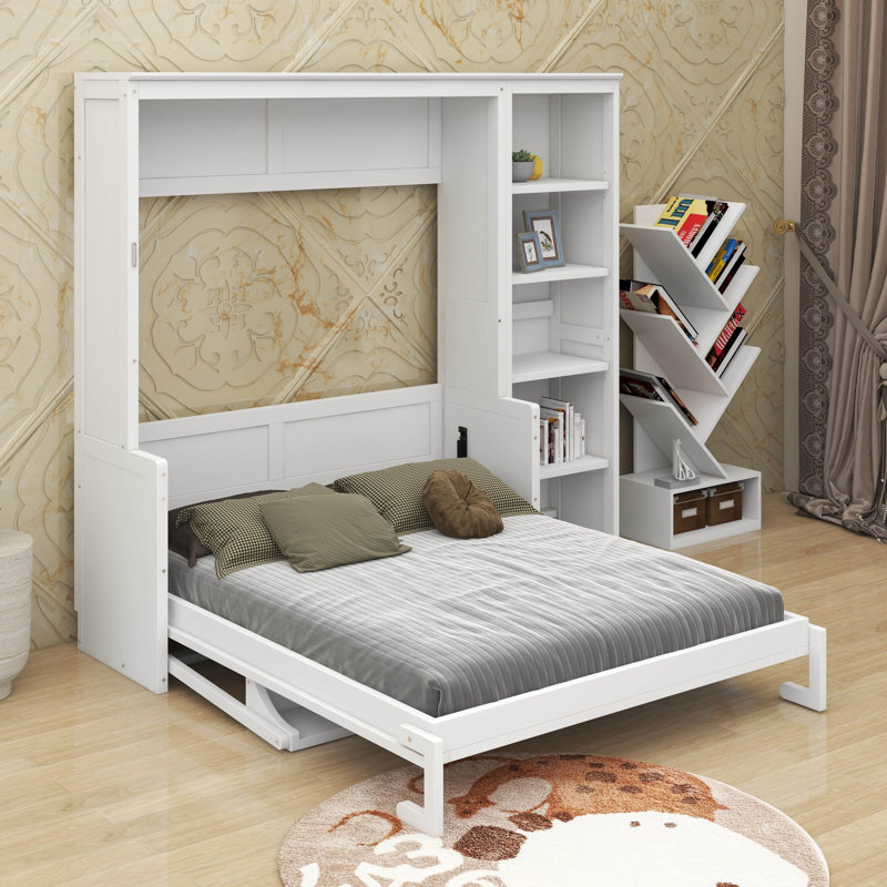 Lit escamotable double avec bureau et bibliothèque, Blanc, Double