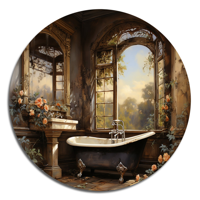«Bathroom Vintage Elegance I - Humour», art rond en métal, H 23 po x l 23 po
