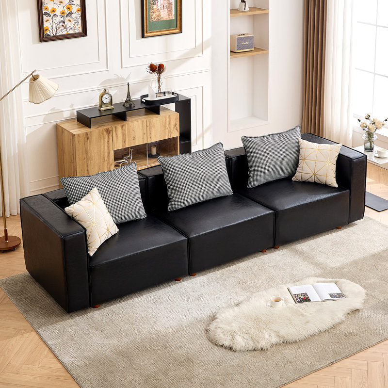 118.5” Leather Upholstered Oversized Seating Sofa With Reversible Cushions, Black